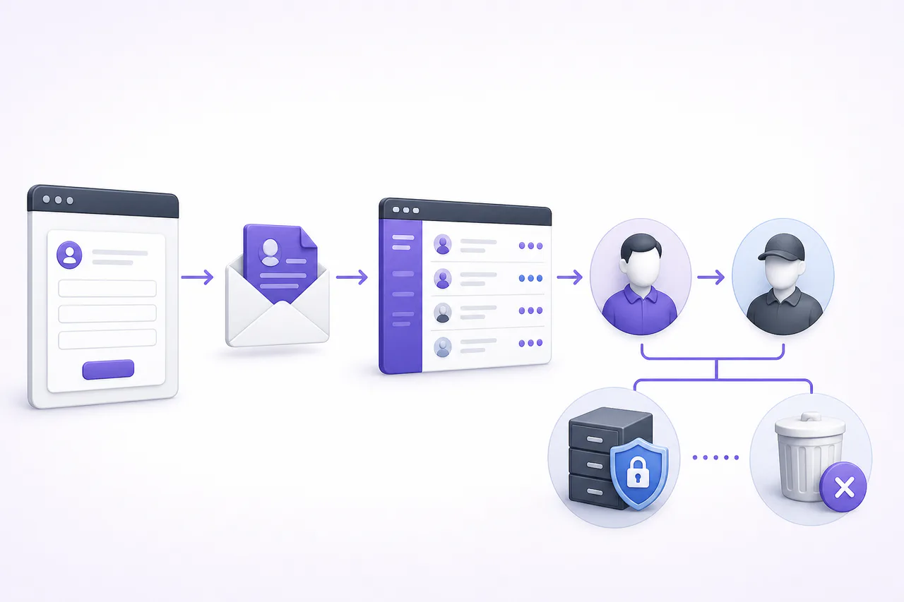 Путь персональных данных от формы на сайте через почту и CRM к работникам, хранению или удалению